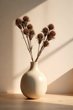 White vase with dried plants on a wooden surface and light-colored wall background