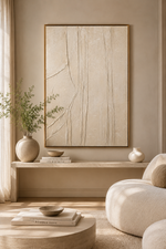 Large framed abstract wall art with textured vertical brushstrokes in warm beige and cream tones, displayed above a console shelf in a softly styled living room.