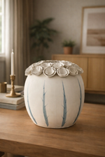 Decorative vase with floral design on a wooden table in a home setting