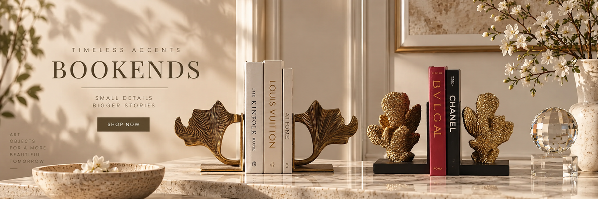 Luxury designer bookends with sculptural detailing, styled to enhance shelves and elevate modern, elegant interior décor.