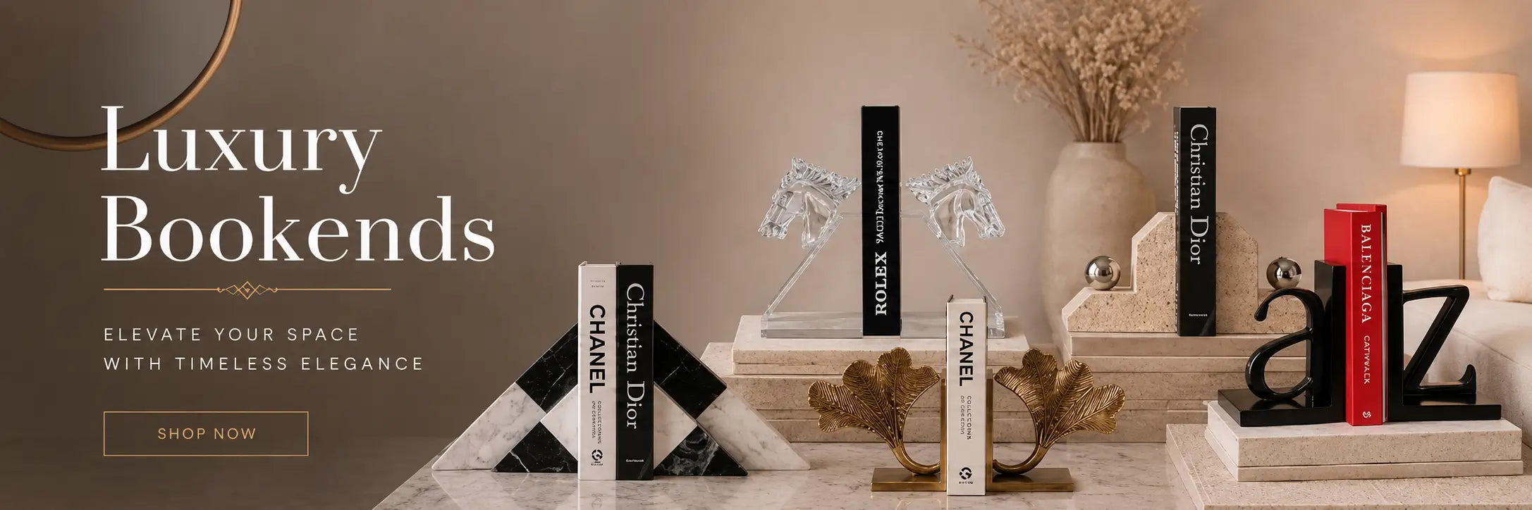 Luxury designer bookends with sculptural detailing, styled to enhance shelves and elevate modern, elegant interior décor.