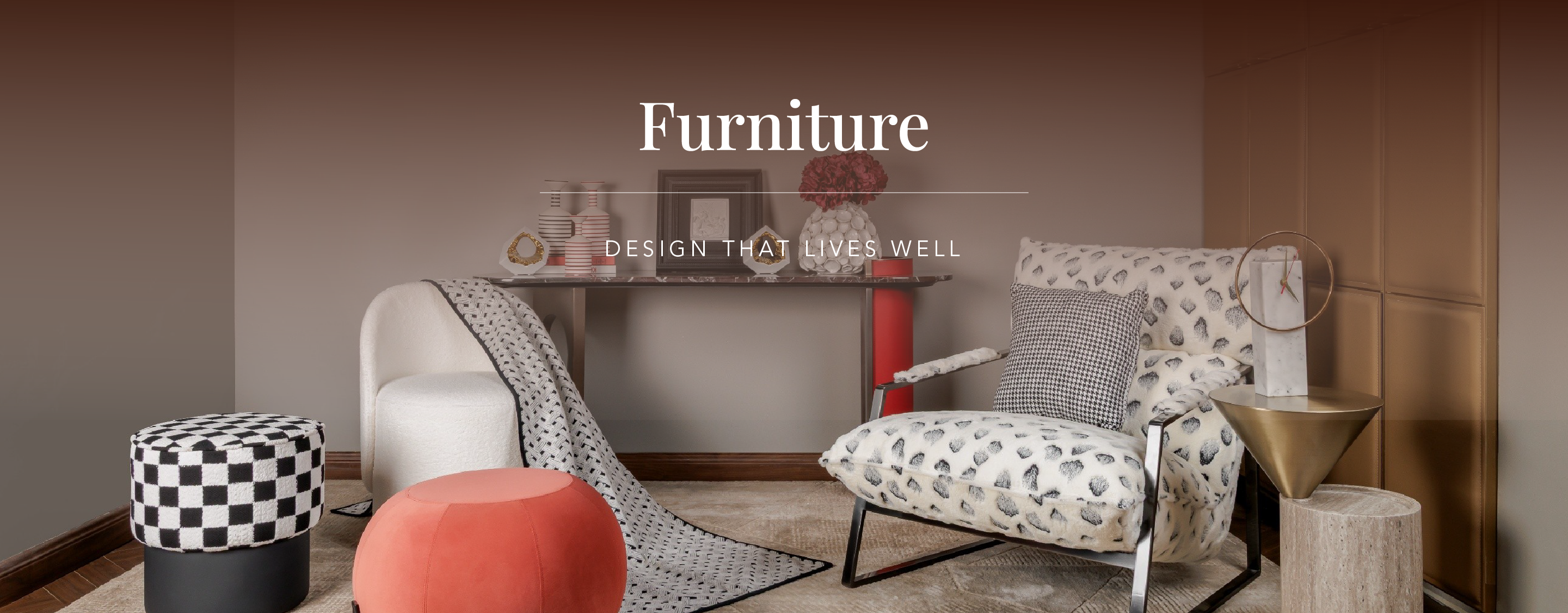 Luxury furniture styled in modern living room with neutral tones