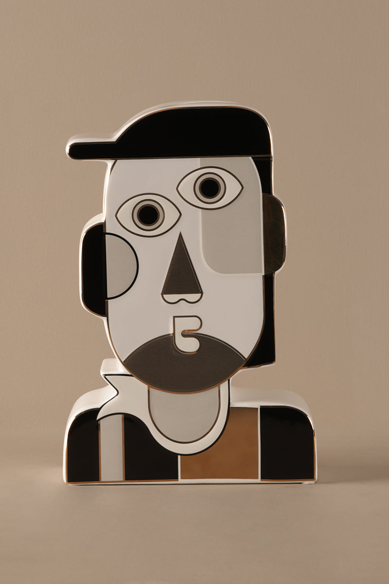 Modern ceramic sculptural decor with beige body and gold electroplated top