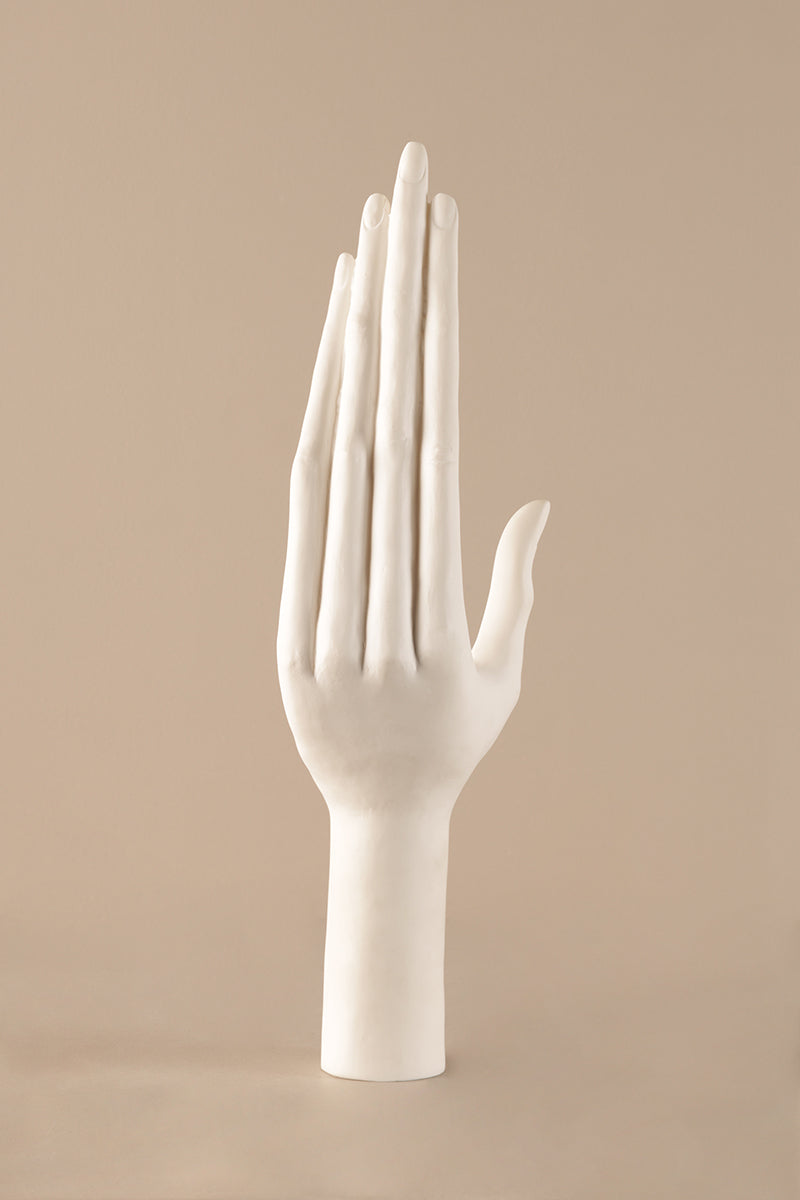 Minimalist white ceramic hand sculpture with smooth glossy finish for luxury home decor