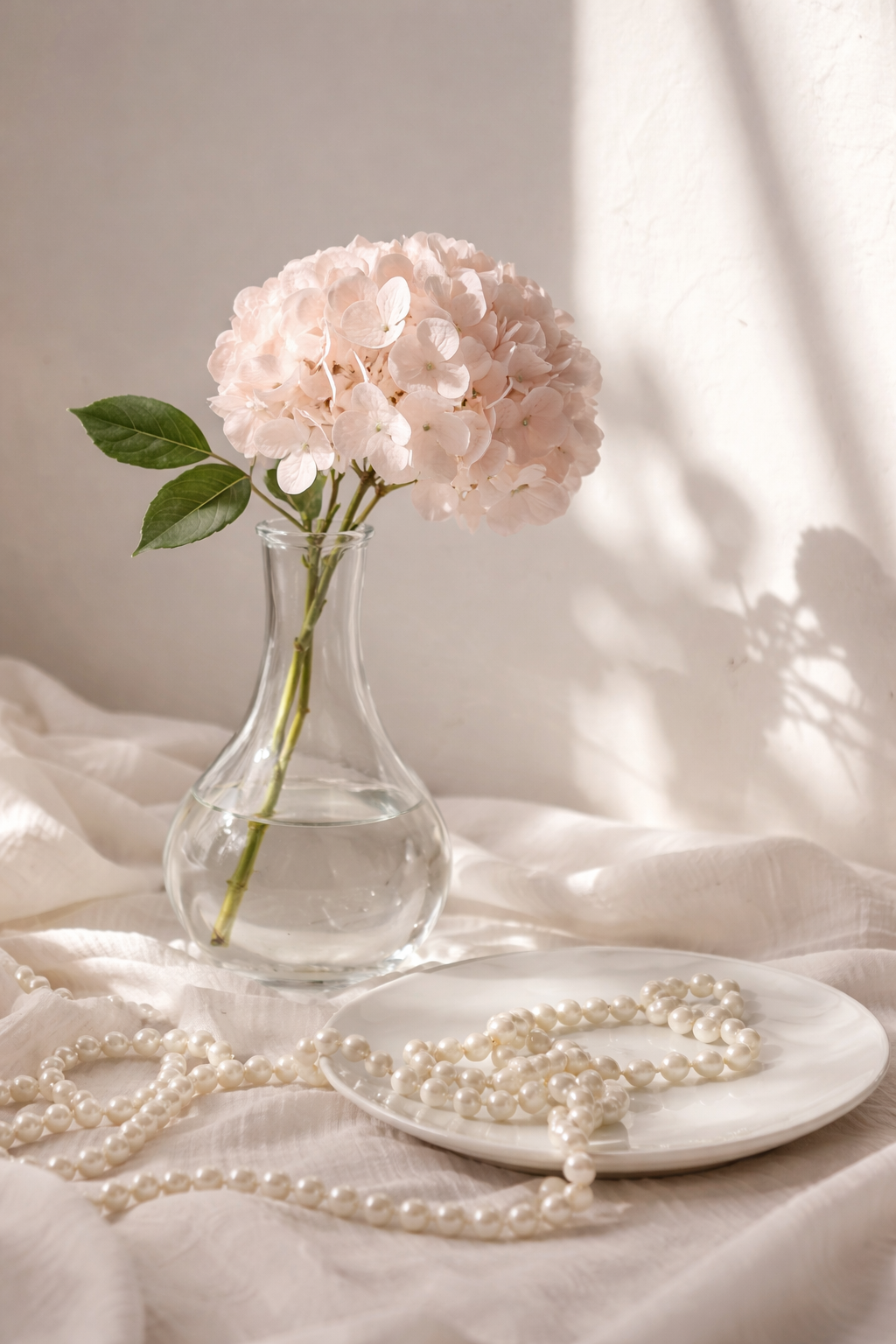 Clear glass vase with pink flowers on a white plate with pearls, against a neutral background