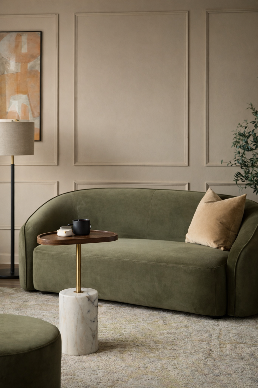Green sofa in a room with a lamp, side table, and wall art.