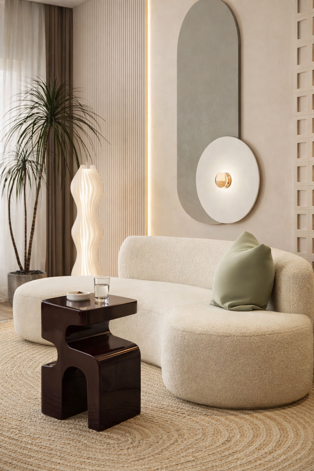 Modern living room with a white sofa, side table, and decorative mirror.