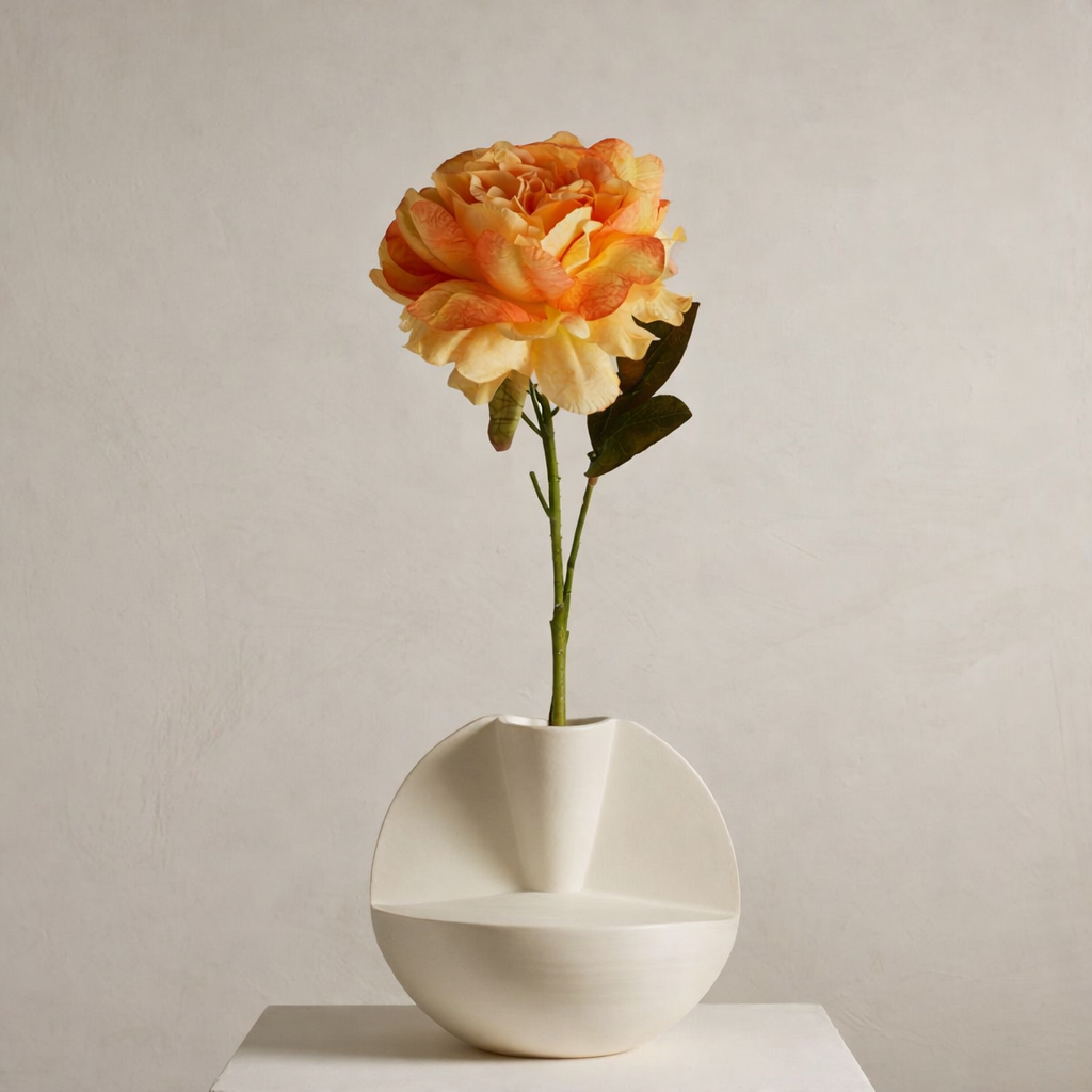 White vase with a single orange and yellow flower on a neutral background