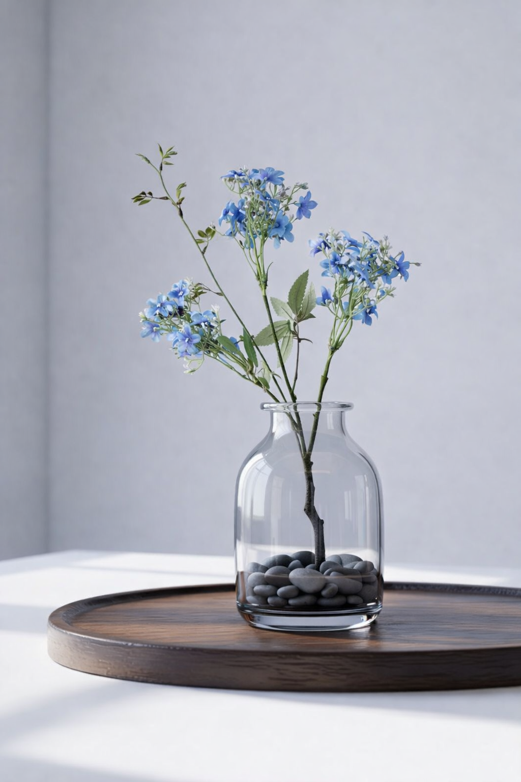 Clear glass vase with blue flowers and pebbles on a wooden tray against a light gray background