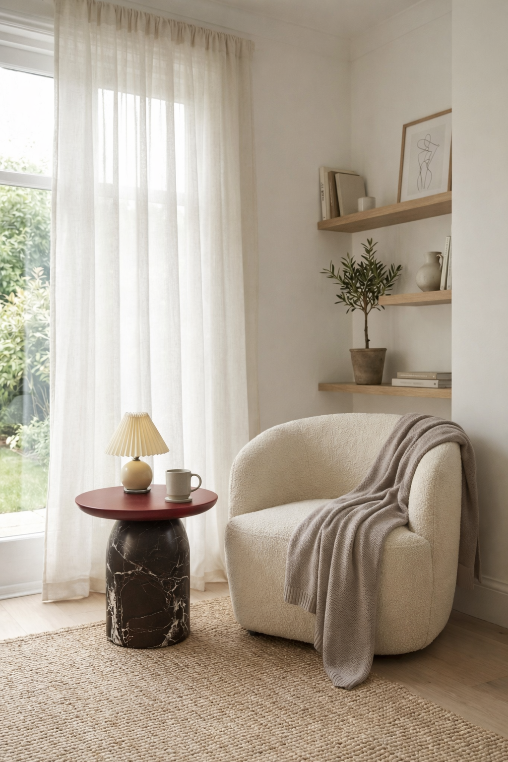 Cozy living room with a white armchair, small table, and shelves with decor items.
