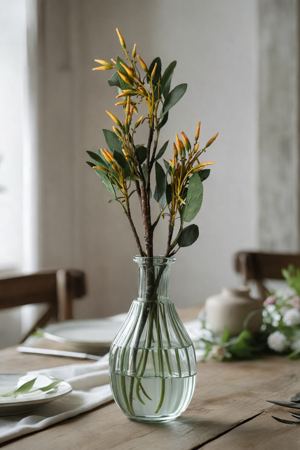 Glass vase with greenery on a wooden table