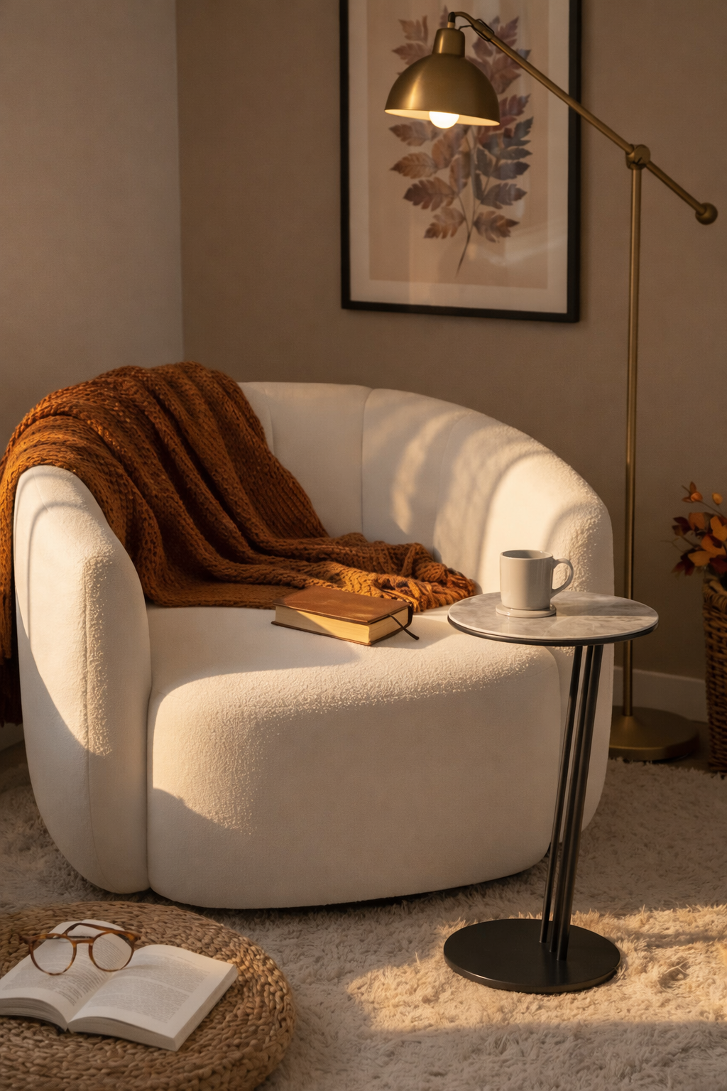 Cozy living room with a white armchair, brown blanket, book, and coffee cup.
