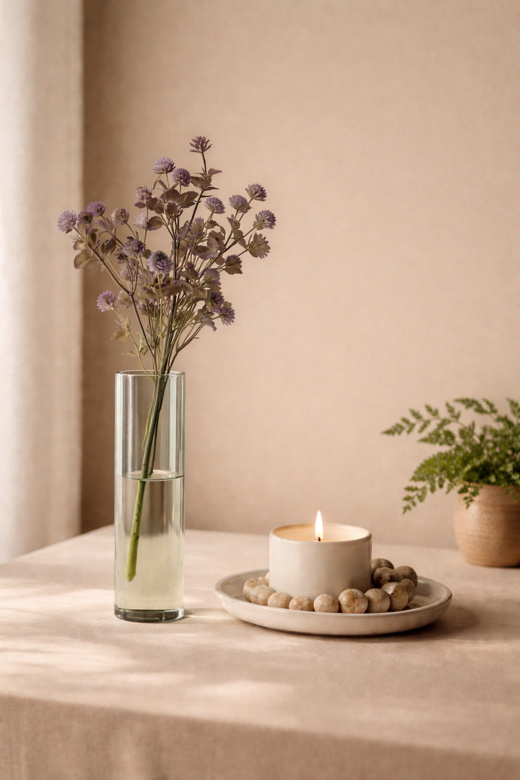 Vase with flowers, candle, and small stones on a table with a beige background