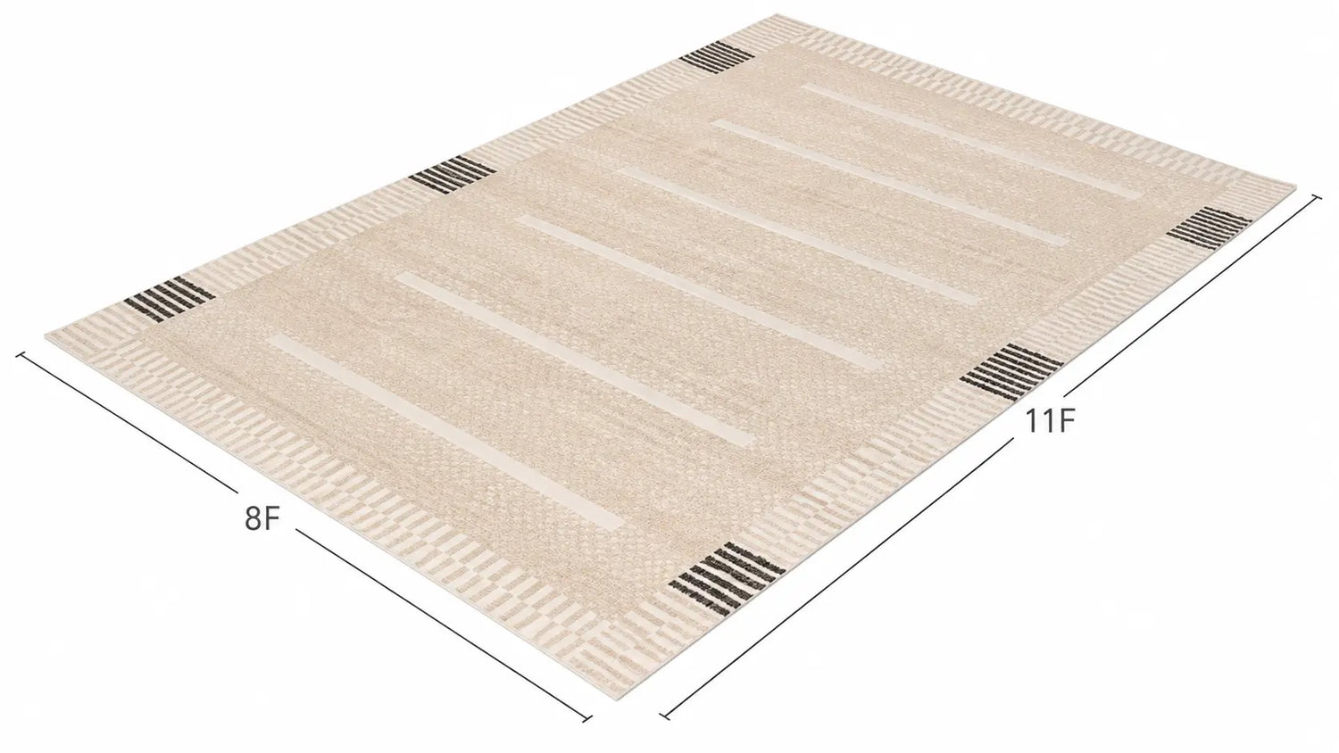 A rectangular area rug shown at an angle on a white background with dimension lines indicating 8F by 11F.
