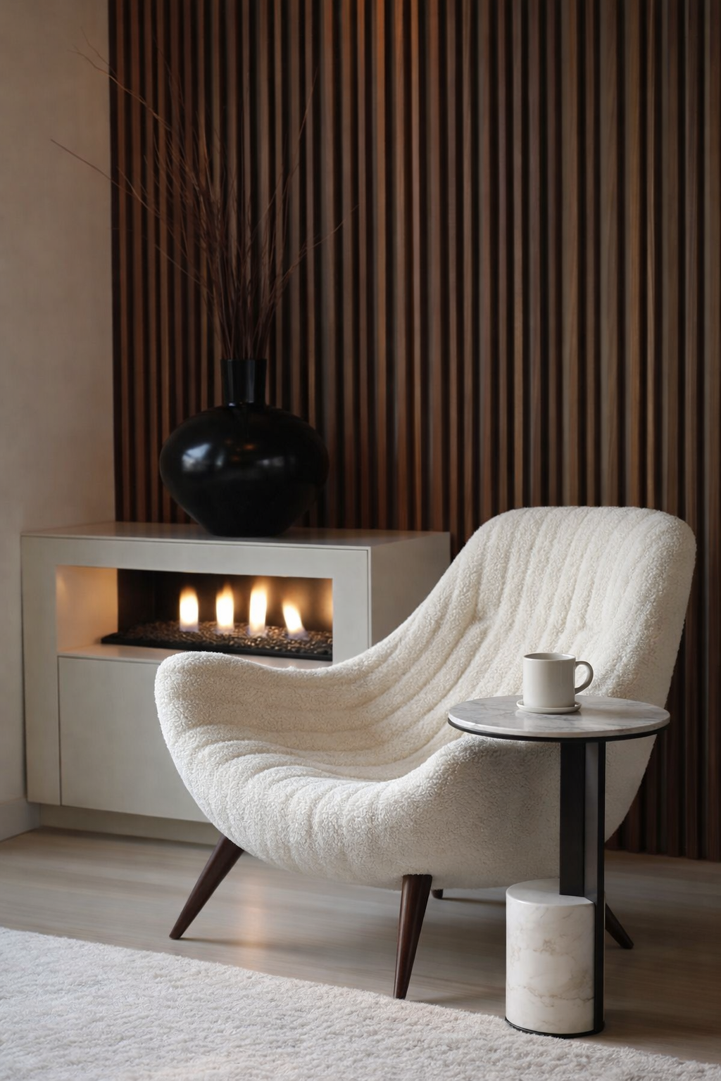 Modern living room with a white textured armchair, small table, and fireplace.