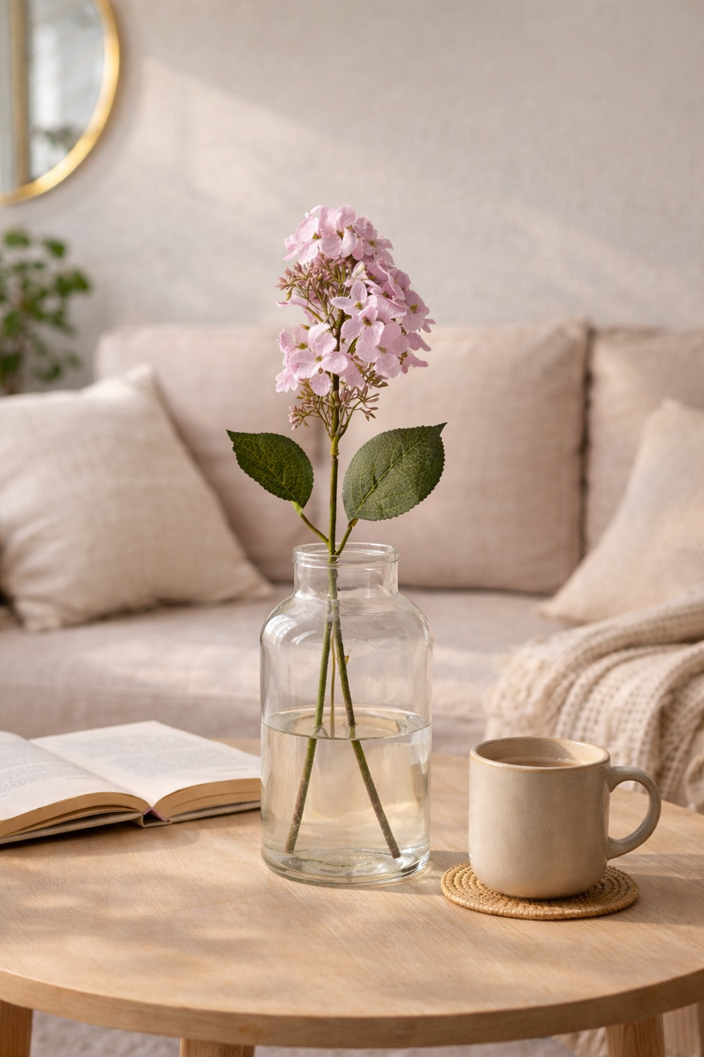 Vase with pink flowers on a wooden table in a cozy living room.