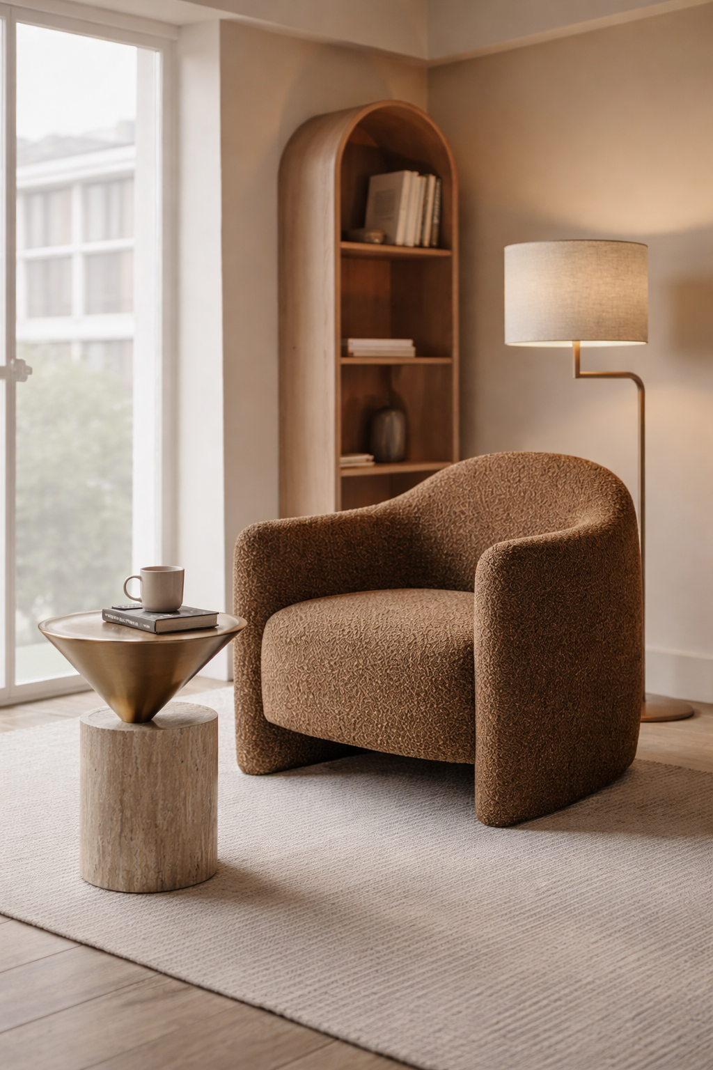 Modern brown armchair in a stylish room with a bookshelf and lamp.