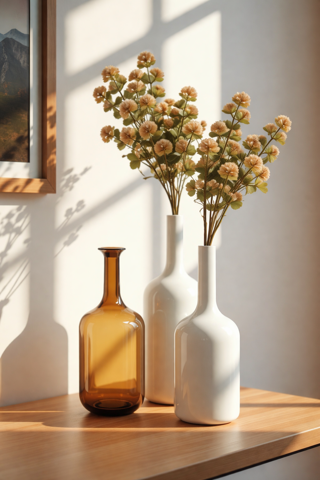 Three vases on a wooden surface with a mountain landscape painting in the background