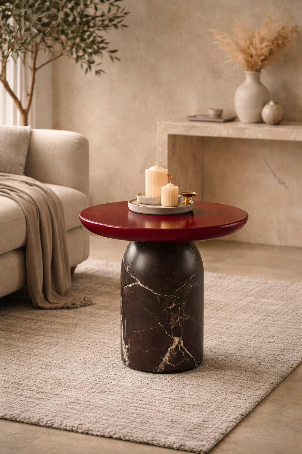 Small round table with a red top and black marble base in a living room setting.