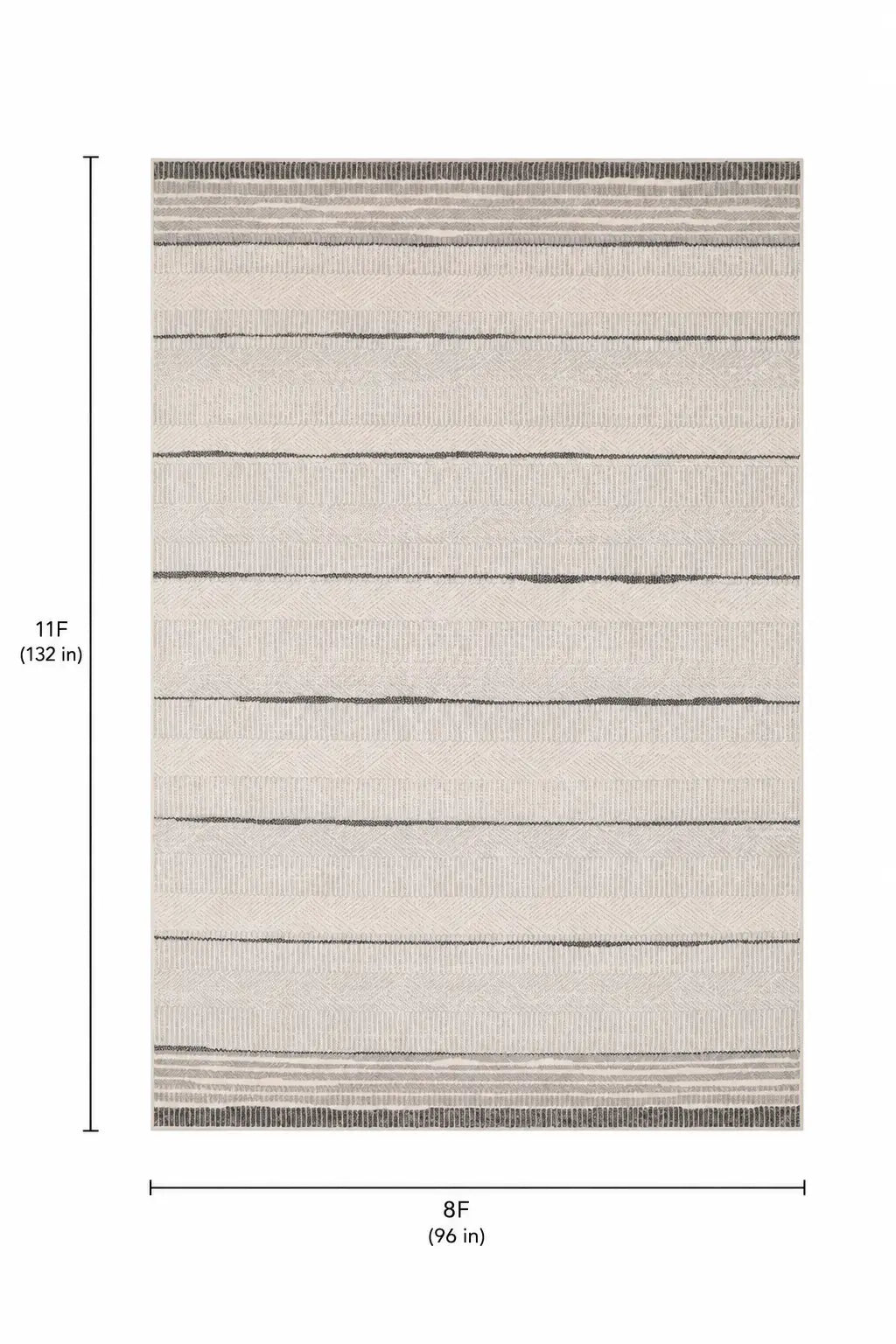 A rectangular area rug shown flat against a white background with dimension markers indicating 11 feet tall by 8 feet wide.
