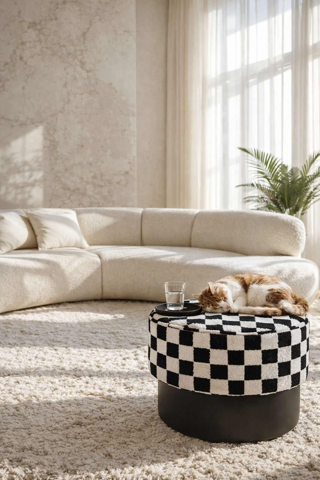 Modern living room with a white sectional sofa, checkered ottoman, and a plant.