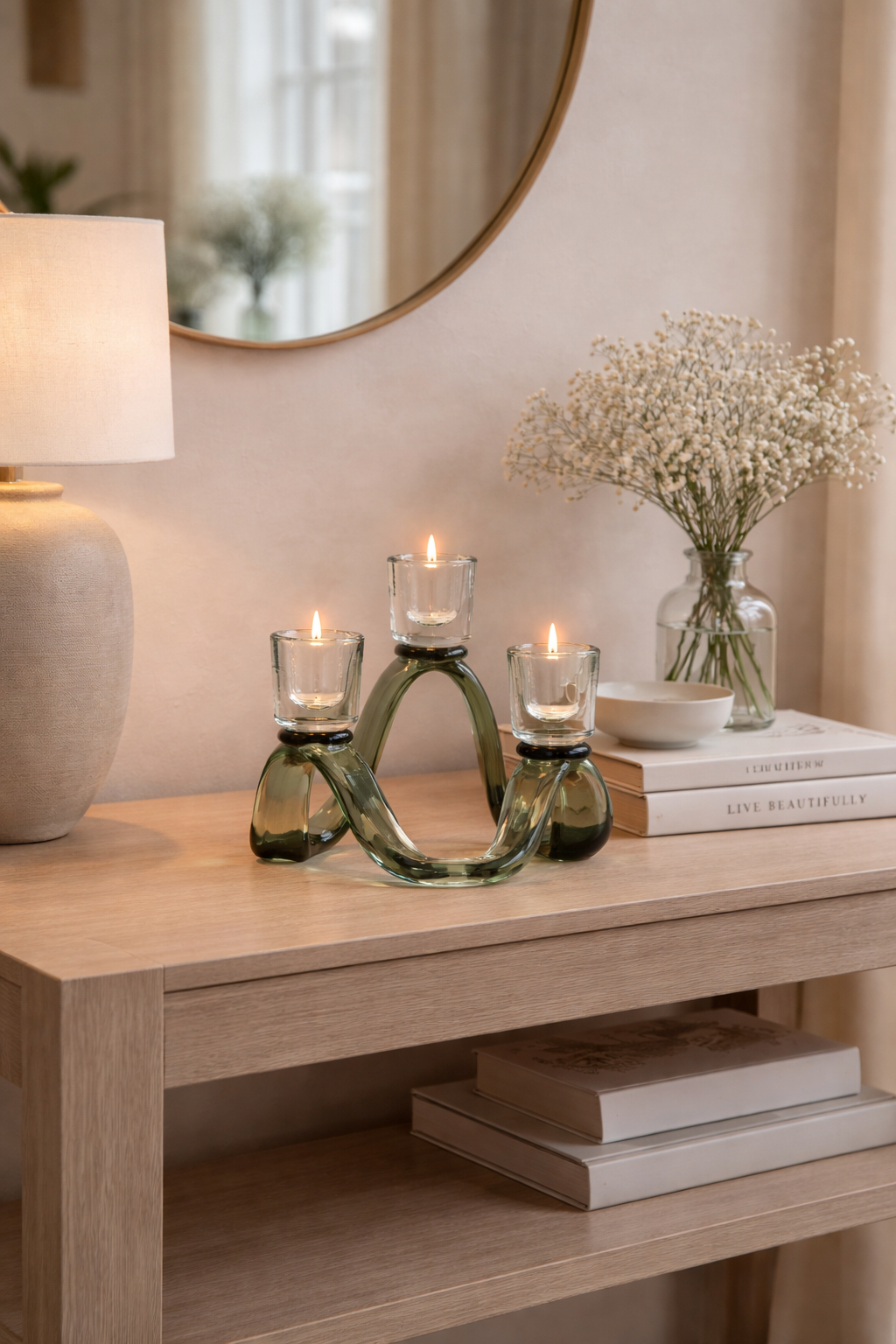 Decorative setup on a wooden table with candles, books, and a vase.