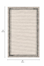 An overhead rug measurement diagram showing a rectangular area rug with a cream and gray wavy pattern, bordered by dark gray and beige stripes. The image includes dimension labels indicating 11 feet 6 inches in height and 8 feet in width.