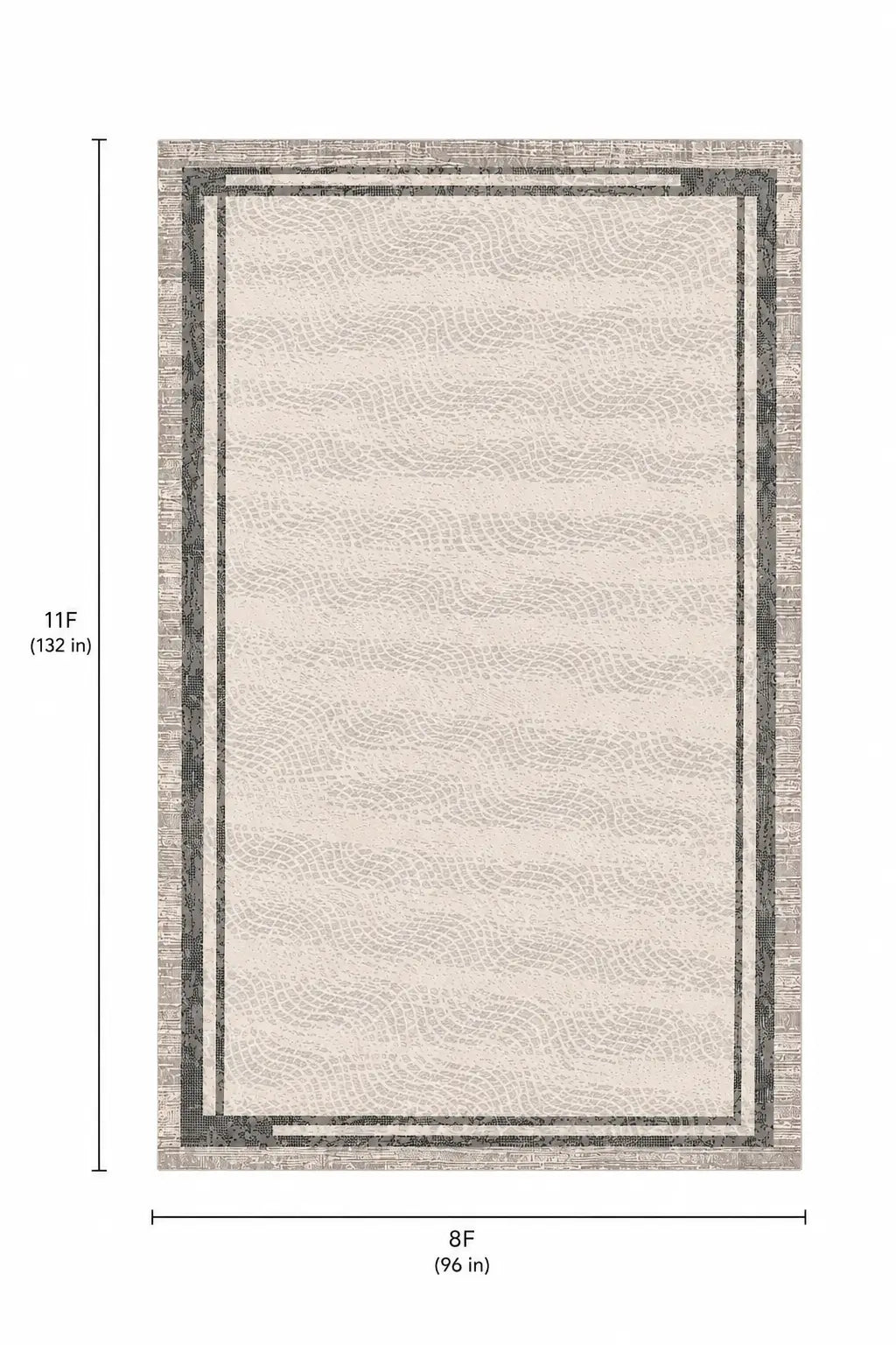 An overhead rug measurement diagram showing a rectangular area rug with a cream and gray wavy pattern, bordered by dark gray and beige stripes. The image includes dimension labels indicating 11 feet 6 inches in height and 8 feet in width.