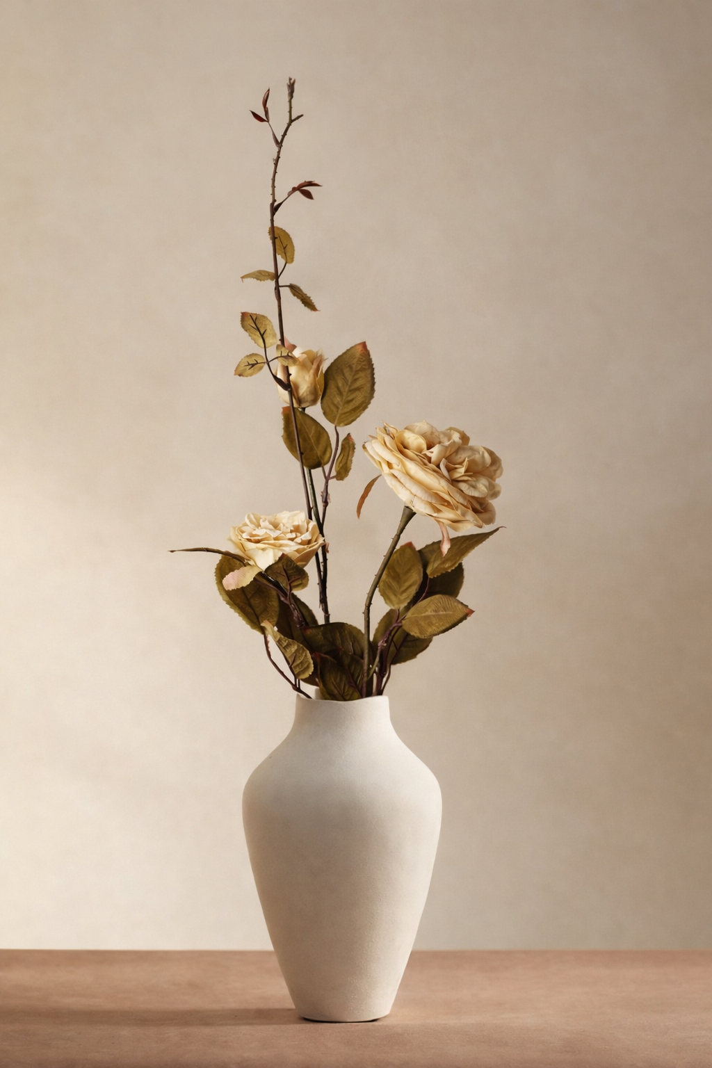 White vase with gold roses on a beige background