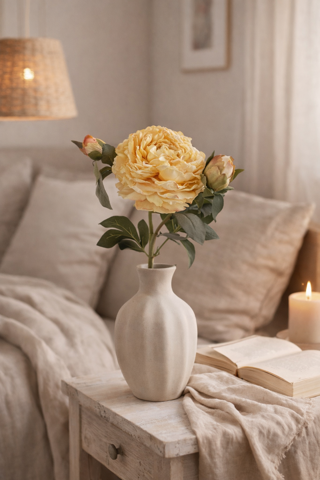 Vase with yellow flowers on a wooden table next to an open book and lit candle, with a cozy room setting.