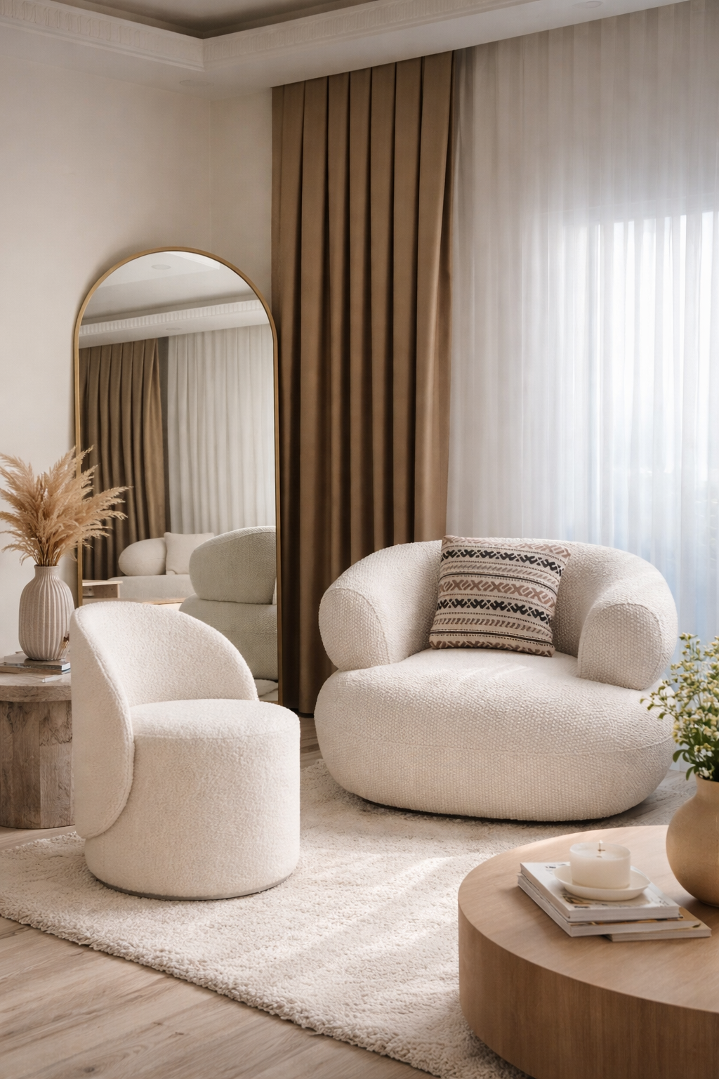Modern living room with white armchairs, a round wooden coffee table, and decorative elements.