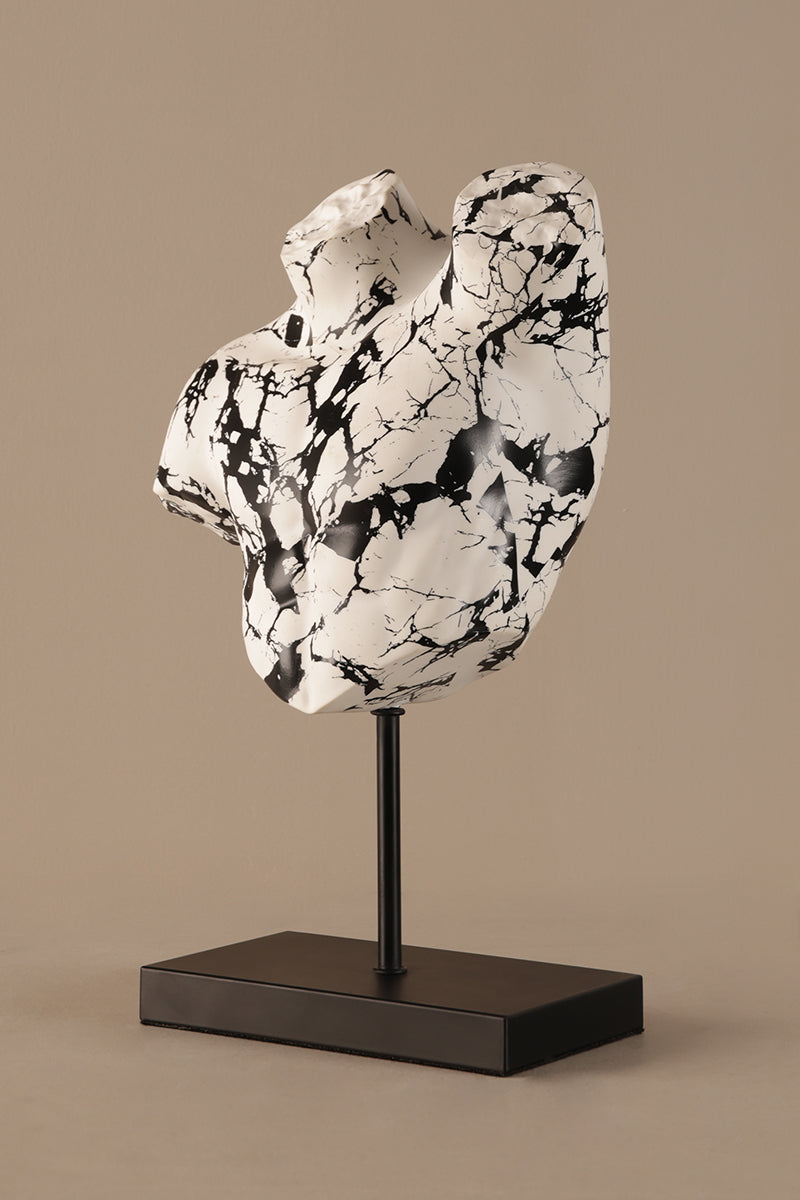 Contemporary torso decor sculpture with white and black marbled finish