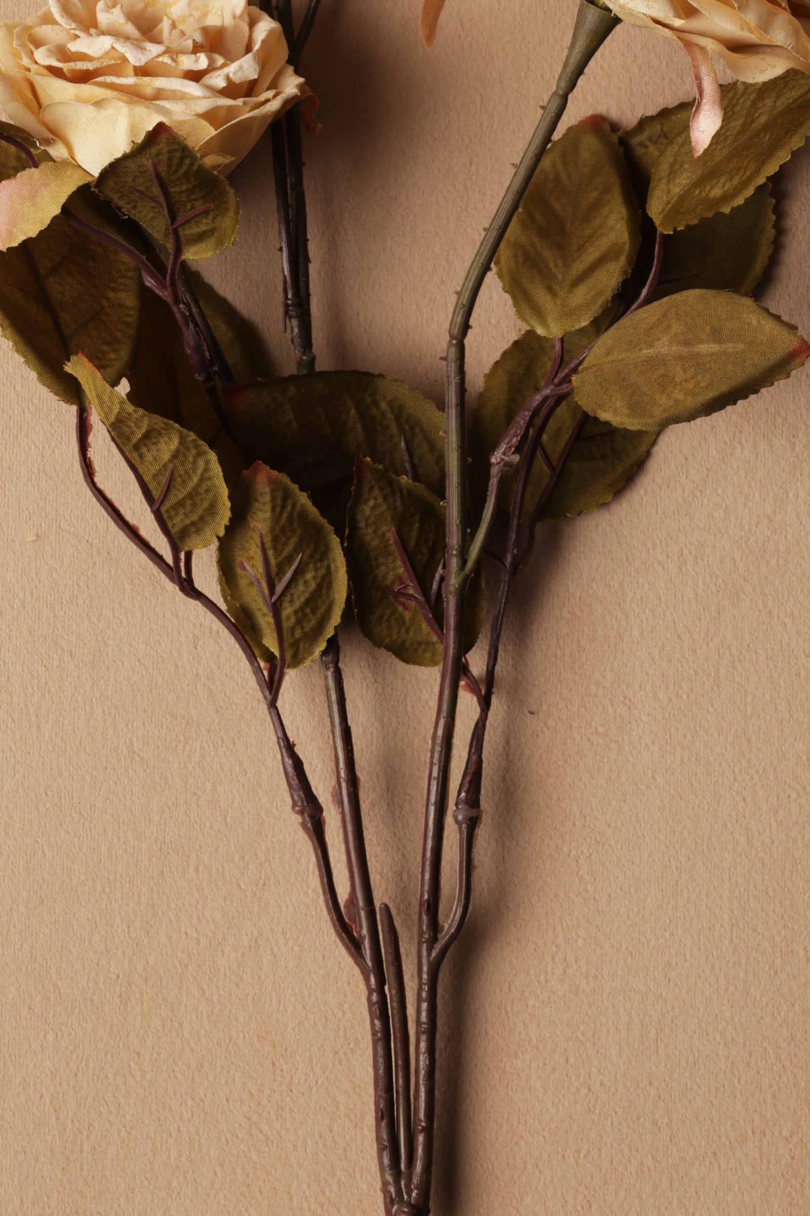 Artificial flower branch with leaves and a beige rose on a beige background