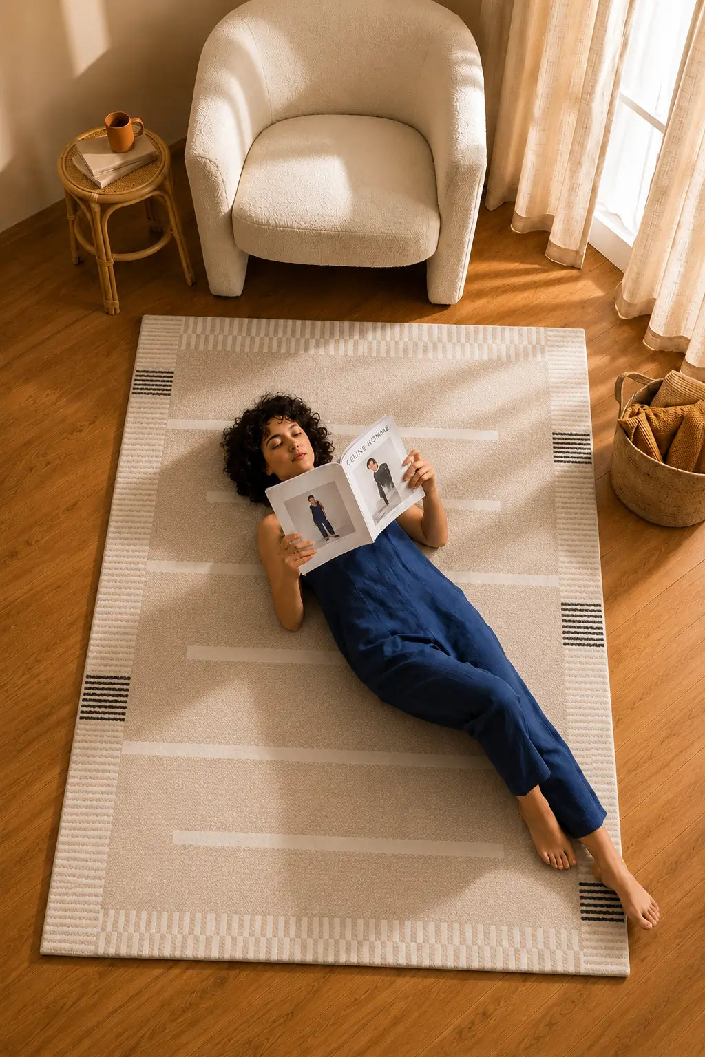 A woman in blue overalls lies on a large cream and beige patterned area rug in a sunlit room with wood floors, reading a magazine. A white armchair, small side table, and window curtains are visible around her.