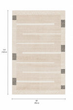A flat rug shown from above with dimension labels around it: 11F (132 in) tall on the left and 8F (96 in) wide at the bottom. The rug has a warm off-white to beige base with horizontal cream stripes and small black striped corner accents.