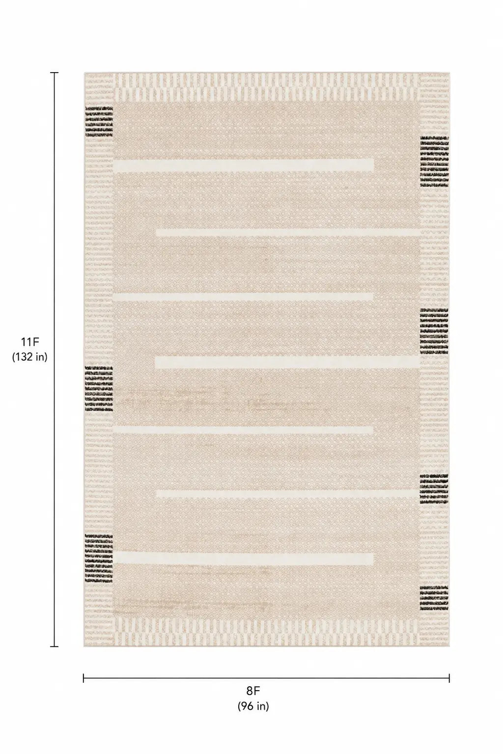 A flat rug shown from above with dimension labels around it: 11F (132 in) tall on the left and 8F (96 in) wide at the bottom. The rug has a warm off-white to beige base with horizontal cream stripes and small black striped corner accents.