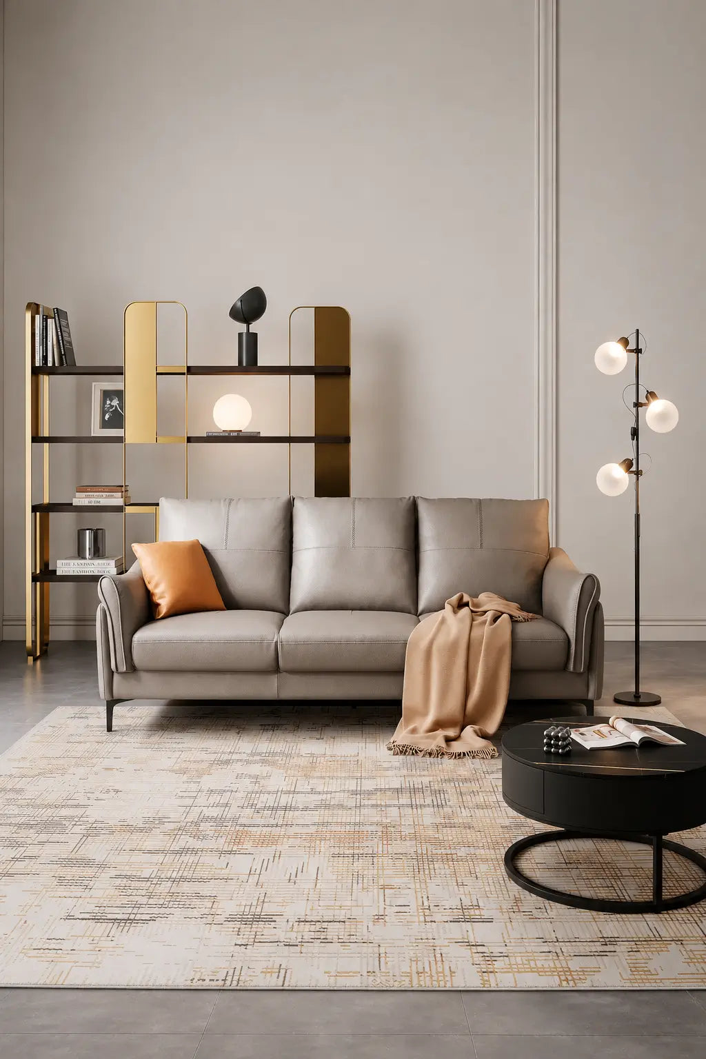 A modern gray three-seater sofa in a styled living room, featuring a tan throw blanket, an orange accent pillow, a patterned beige rug, a black round coffee table, and a tall floor lamp.