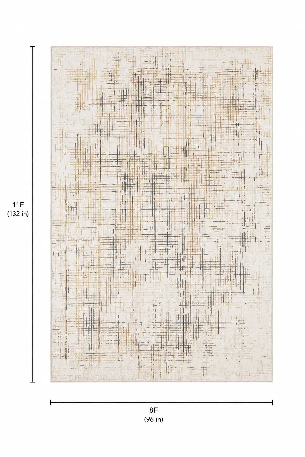 An abstract area rug shown with dimension lines and labels indicating 11F by 8F, or 132 inches by 96 inches, on a plain white background.