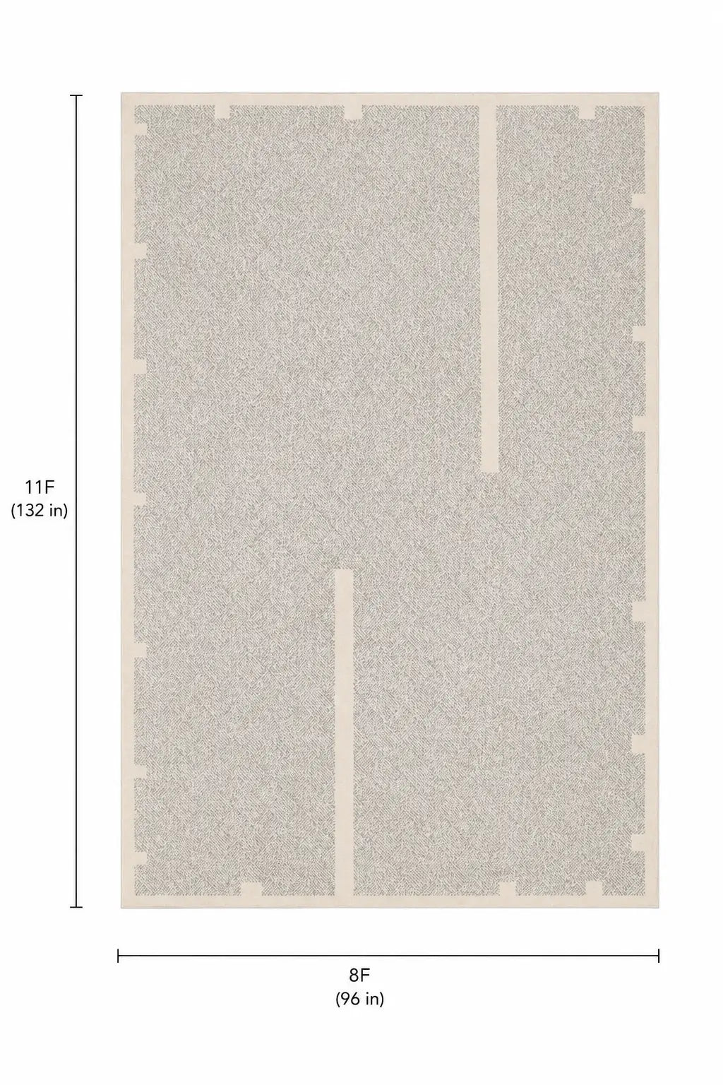 A rectangular textured rug or mat shown from above with dimension labels: 11F (132 in) tall and 8F (96 in) wide, on a white background.