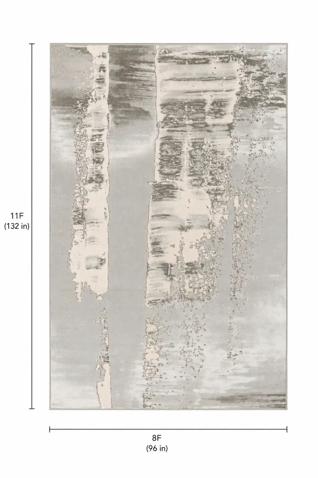 An abstract rectangular wall art print or panel shown with dimension markers: 11F tall (132 in) and 8F wide (96 in). The artwork has a textured, distressed look in neutral tones with vertical streaks and patches of off-white, gray, taupe, and brown.