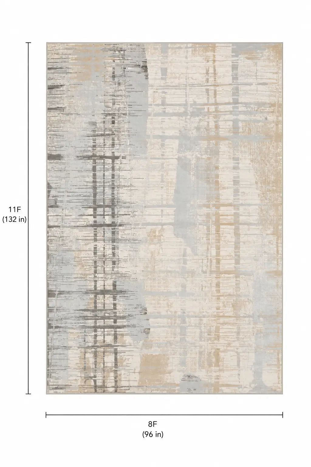 Abstract area rug with distressed brushstroke pattern in beige, gray, and light blue, shown with dimension lines and measurements of 11F by 8F.