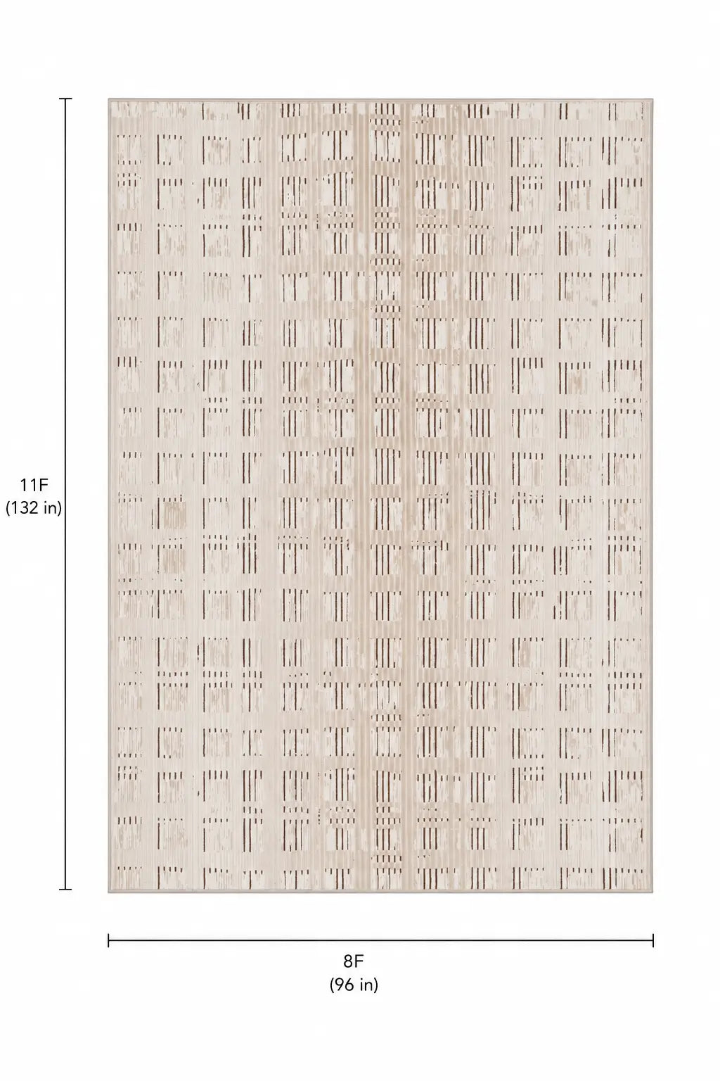 A square rug or mat shown from above on a white background with dimension lines and text indicating 11F by 8F, or 132 in by 96 in.
