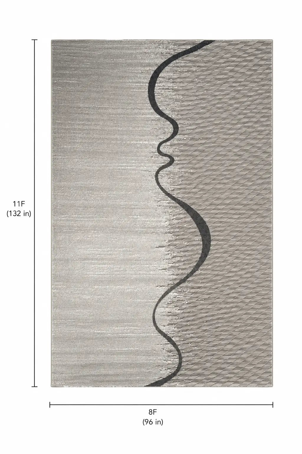 A rectangular area rug shown from above with dimension labels: 11 feet tall (132 inches) and 8 feet wide (96 inches). The rug has a light gray to taupe textured field with a bold black wavy vertical line running through the center.