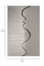 A rectangular area rug shown from above with dimension labels: 11 feet tall (132 inches) and 8 feet wide (96 inches). The rug has a light gray to taupe textured field with a bold black wavy vertical line running through the center.