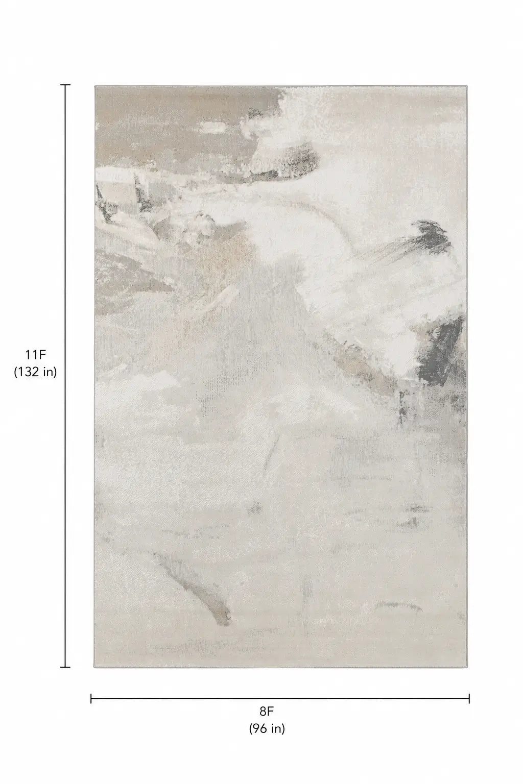 Abstract area rug shown with dimension lines and labels indicating 11 feet by 8 feet (332 in by 96 in). The rug features a soft, painterly brushstroke pattern in neutral tones of beige, cream, gray, and off-white.
