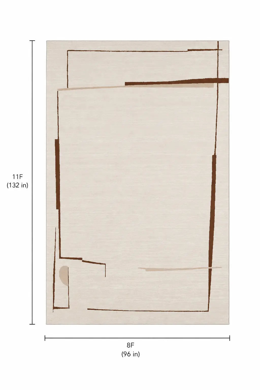 A minimalist abstract art print featuring brown geometric lines on a light beige textured background, with dimension labels indicating 11F (132 in) height and 8F (96 in) width.