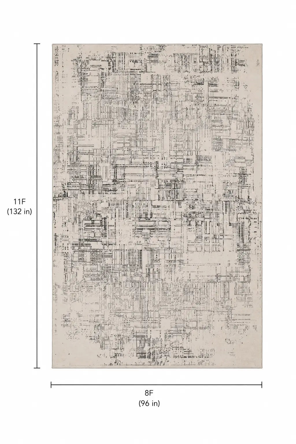 A rectangular abstract wall art print or canvas shown on a white background with dimension markers indicating 11F (132 in) height and 8F (96 in) width.