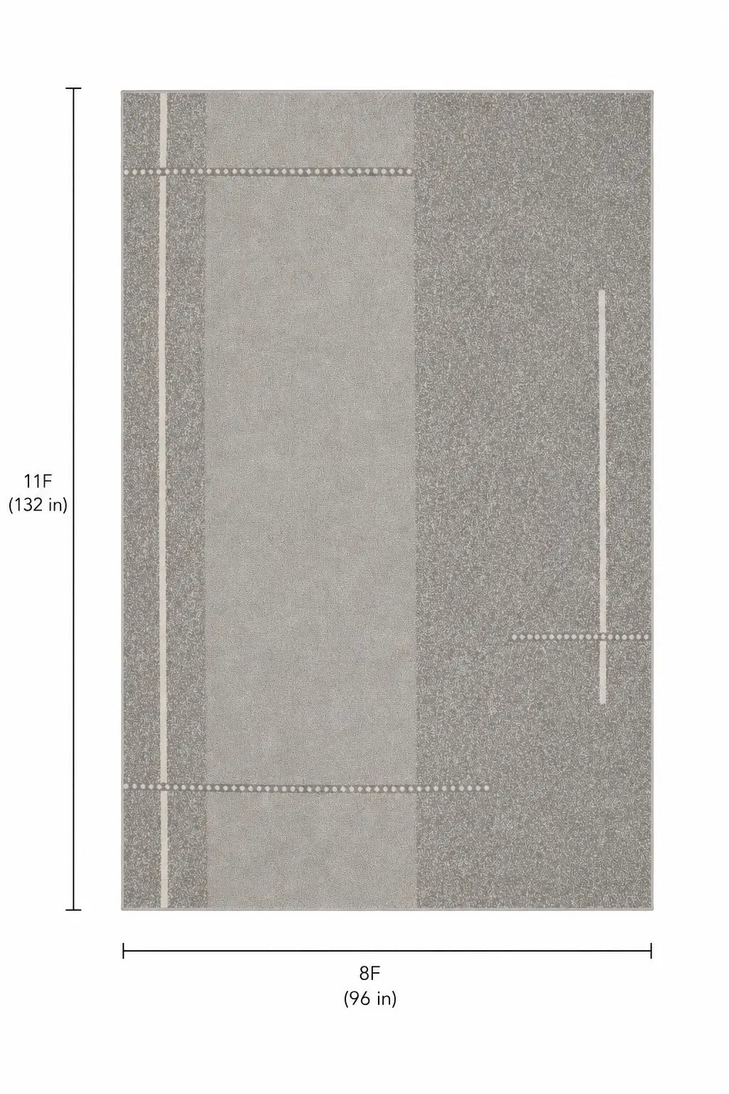 A rectangular gray rug or carpet sample shown with dimension annotations: 11F tall (132 in) and 8F wide (96 in). The surface has a mottled gray texture with vertical stripe-like bands and dotted line details.