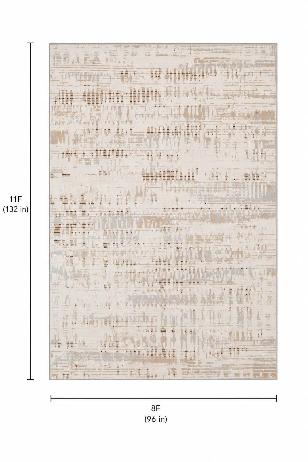 An abstract area rug shown with dimension lines and labels indicating 11F by 8F in size.