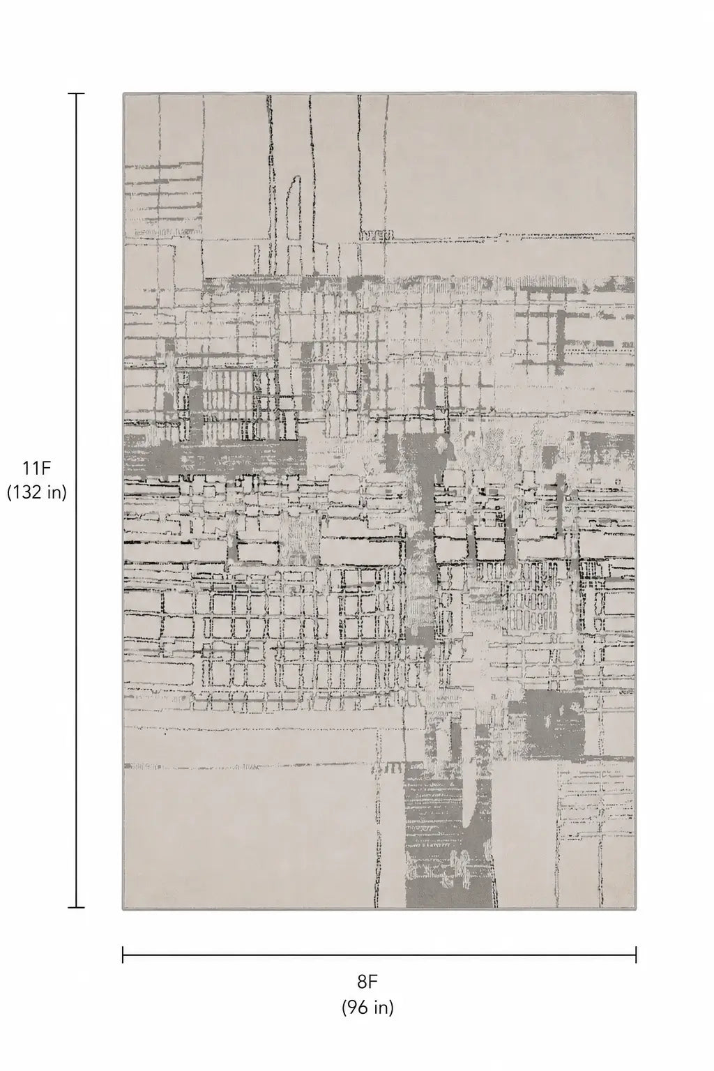 An abstract rectangular wall art print or canvas shown with dimension markers: 11F tall (132 in) and 8F wide (96 in). The artwork has a light beige background with layered gray and charcoal linear and block patterns.